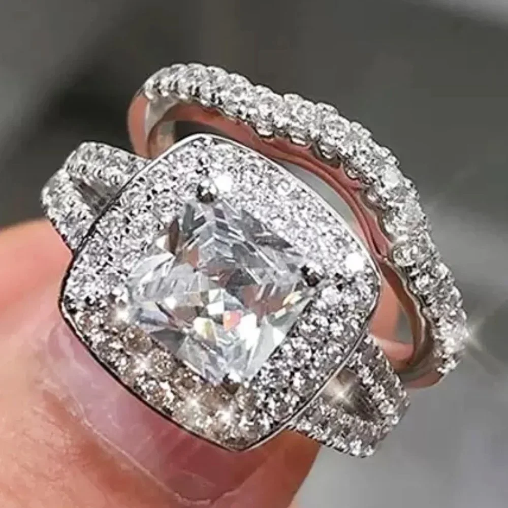 🎁Square Zircon Micro Pave 925 Sterling Silver Plated Wedding RingUNVN12176 - Picture 2 of 10